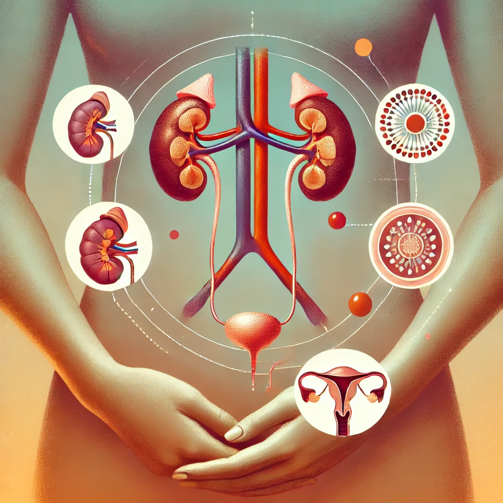 Illustration of the female urinary system including kidneys, ureters, bladder, and urethra, conveying support for cystitis awareness and bladder health