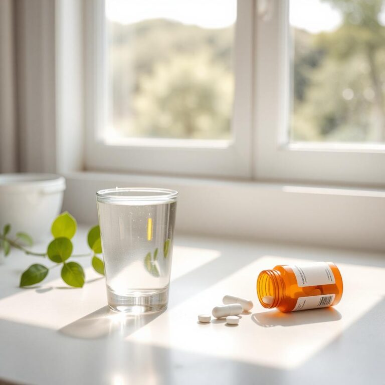 Irish-inspired setting with a glass of water and pill bottle representing hypothyroidism medication guidance by AMAE Clinic.