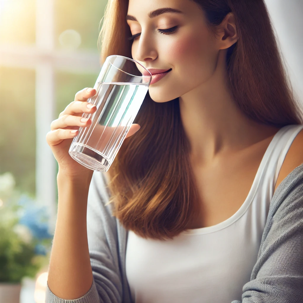 Woman drinking water for bladder health and cystitis prevention