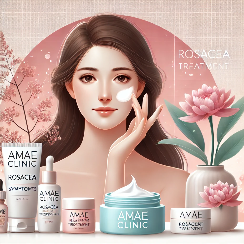 A woman gently applying cream to her cheek, showcasing AMAE Clinic’s rosacea treatment services in a nurturing environment with soft pink tones and skincare products