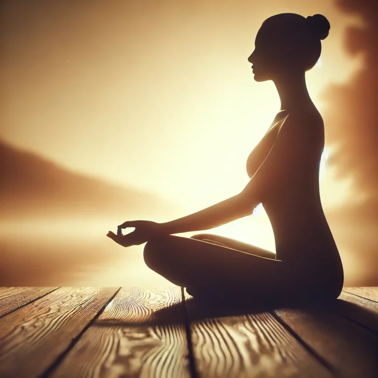 High-definition photo of a woman’s silhouette meditating, symbolizing stress relief for bladder health