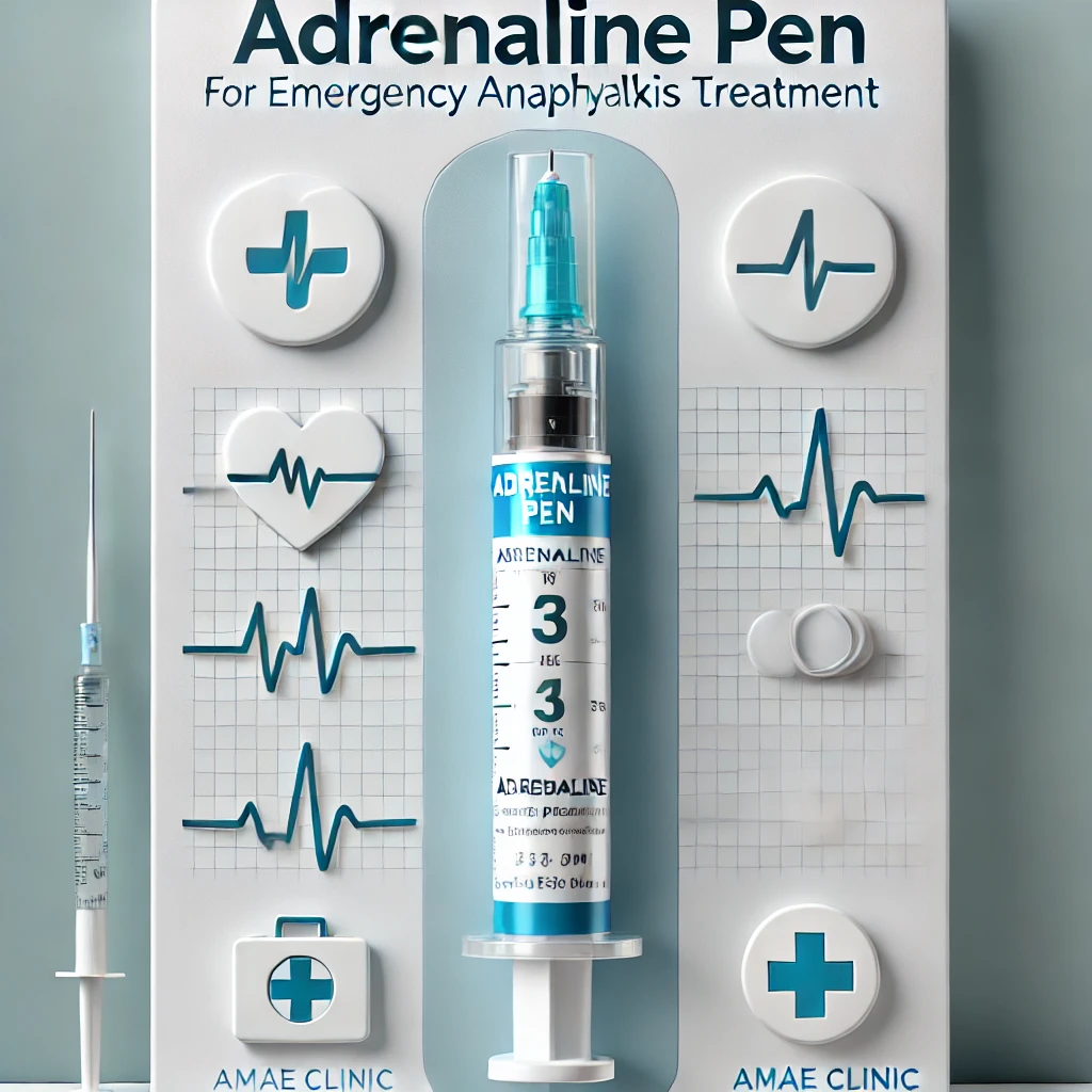 Digital illustration of a clearly labeled adrenaline pen used for emergency anaphylaxis treatment, emphasizing AMAE Clinic’s reliable care.