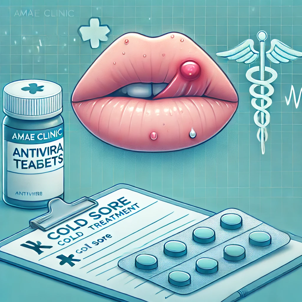 Illustration of a lip with a blister being treated with antiviral tablets, highlighting AMAE Clinic’s cold sore treatment services.