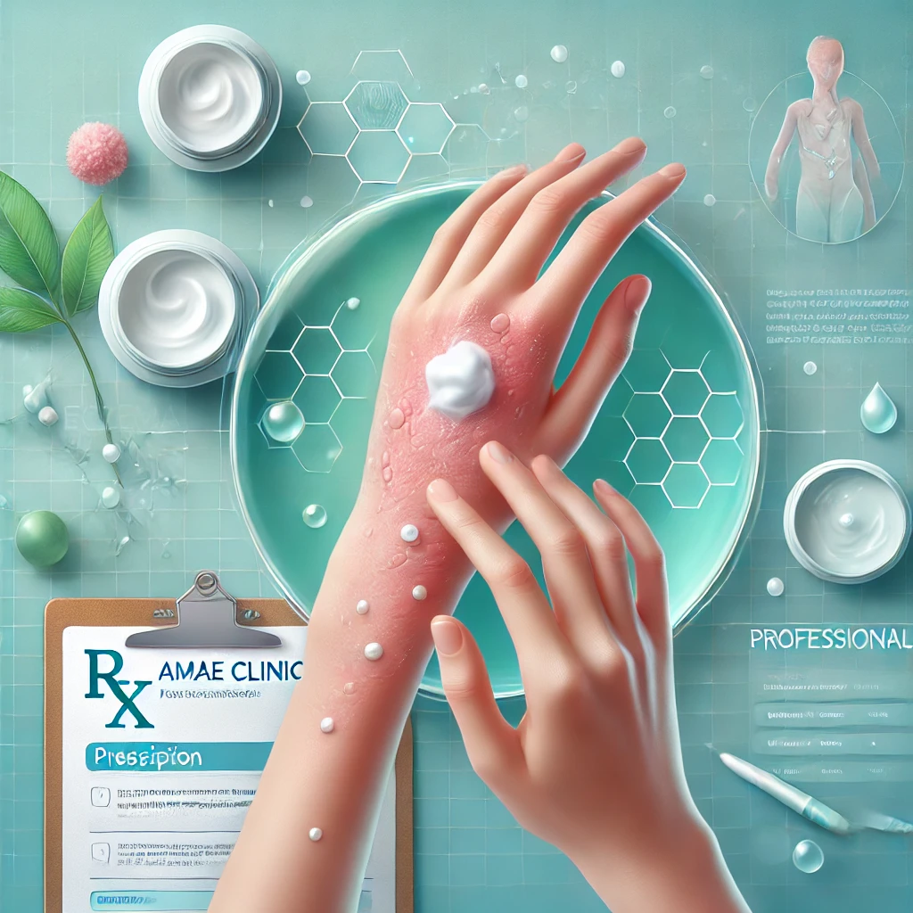 Digital illustration of a person applying cream to eczema-affected skin, with a calming background of blue and green tones, symbolizing professional eczema care by AMAE Clinic.