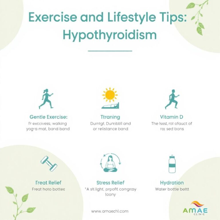 Icons representing exercise, hydration, and stress relief tips for managing hypothyroidism by AMAE Clinic.