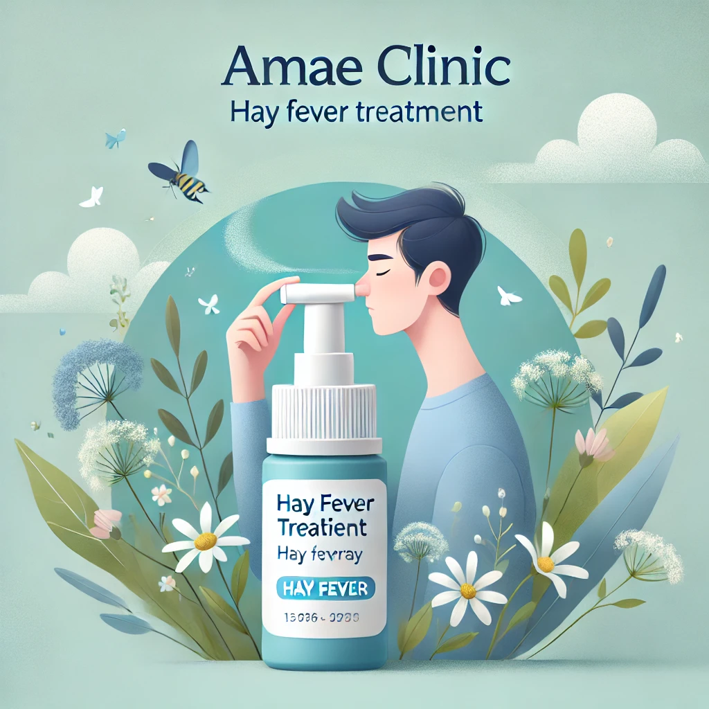 Illustration of a person using a nasal spray for hay fever relief, with a calm blue and green background and subtle allergy elements.