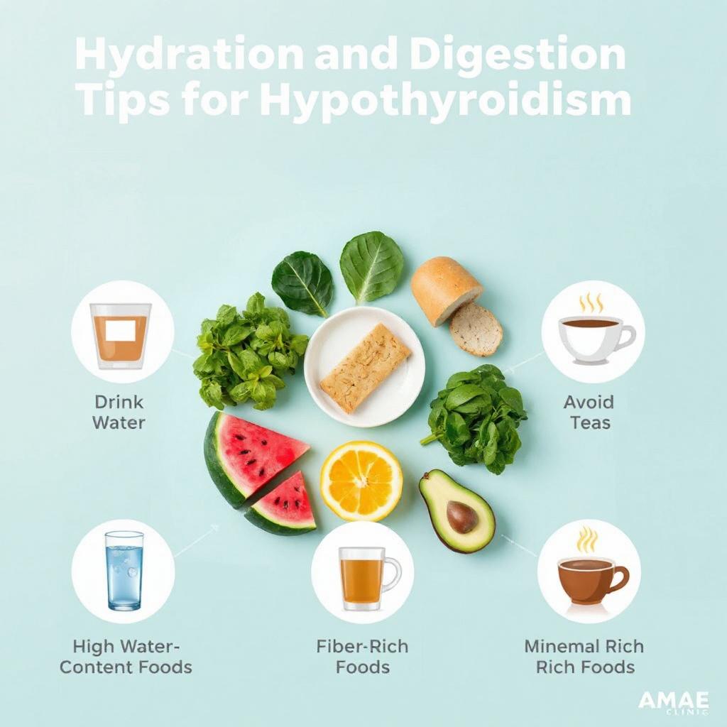 Icons representing hydration and digestion tips for managing hypothyroidism by AMAE Clinic, including water, herbal teas, and fiber-rich foods.