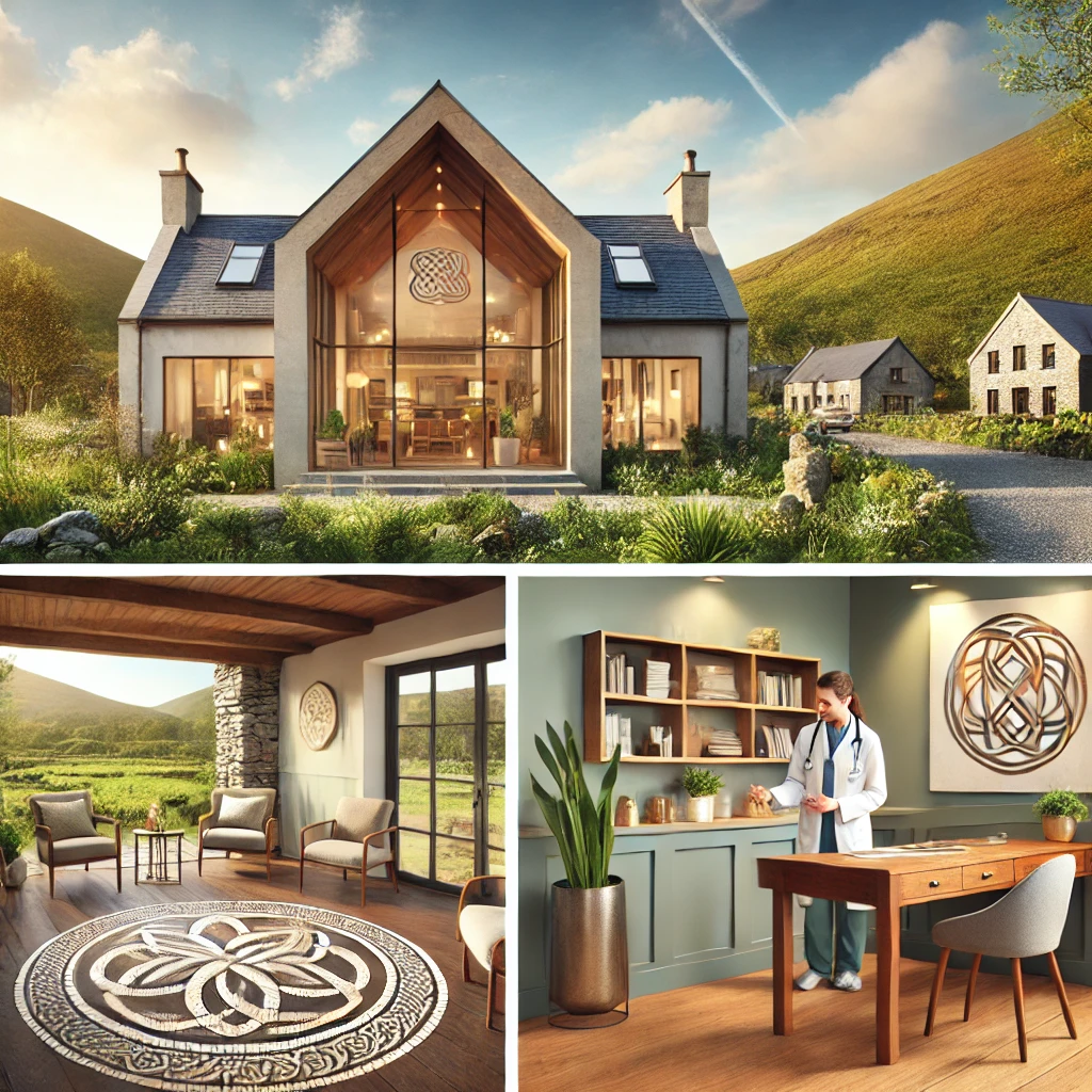 Serene integrative medicine clinic in Ireland surrounded by lush greenery, featuring a warm interior with natural elements and a Celtic knot decoration.