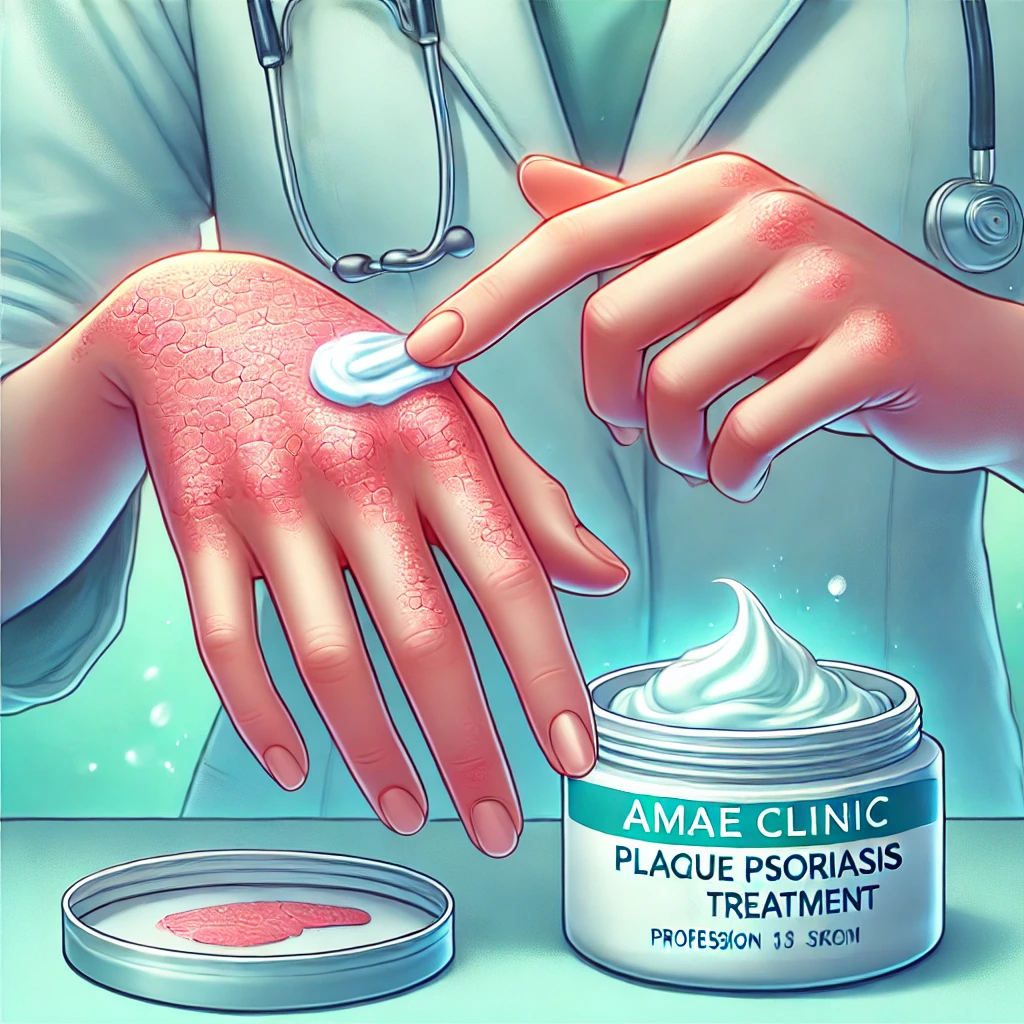 Digital illustration of hands applying steroid cream to plaque psoriasis, with calming background tones symbolizing effective psoriasis care at AMAE Clinic.